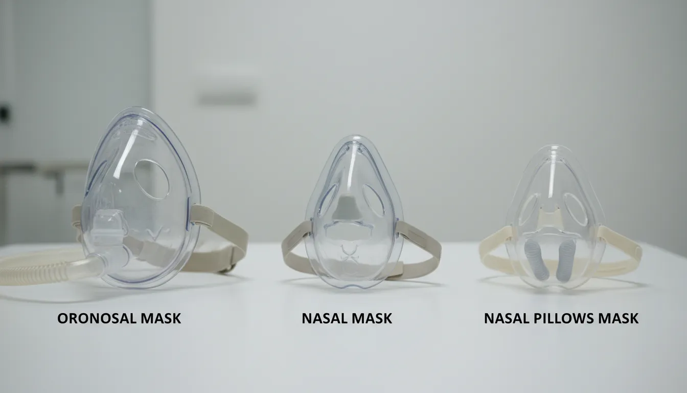 Tr&ecirc;s tipos de m&aacute;scaras CPAP lado a lado, destacando diferen&ccedil;as visuais para f&aacute;cil compara&ccedil;&atilde;o