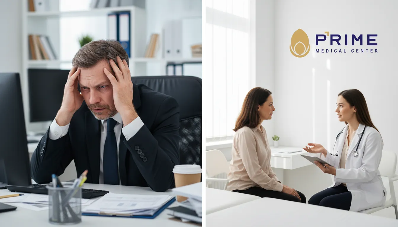 Homem estressado no trabalho versus médico explicando tratamentos para a ejaculação precoce causas.