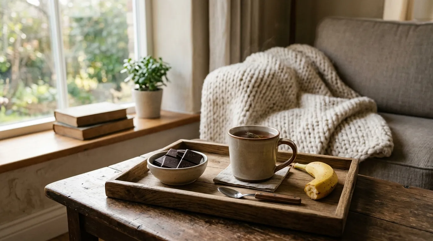 Chocolate amargo e banana associados aos estimulantes de serotonina na nutrição e saúde mental.