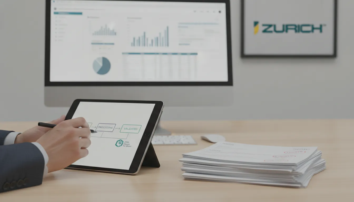 Mesa organizada com tablet mostrando validação XML reforma tributária, simbolizando simplificação fiscal.