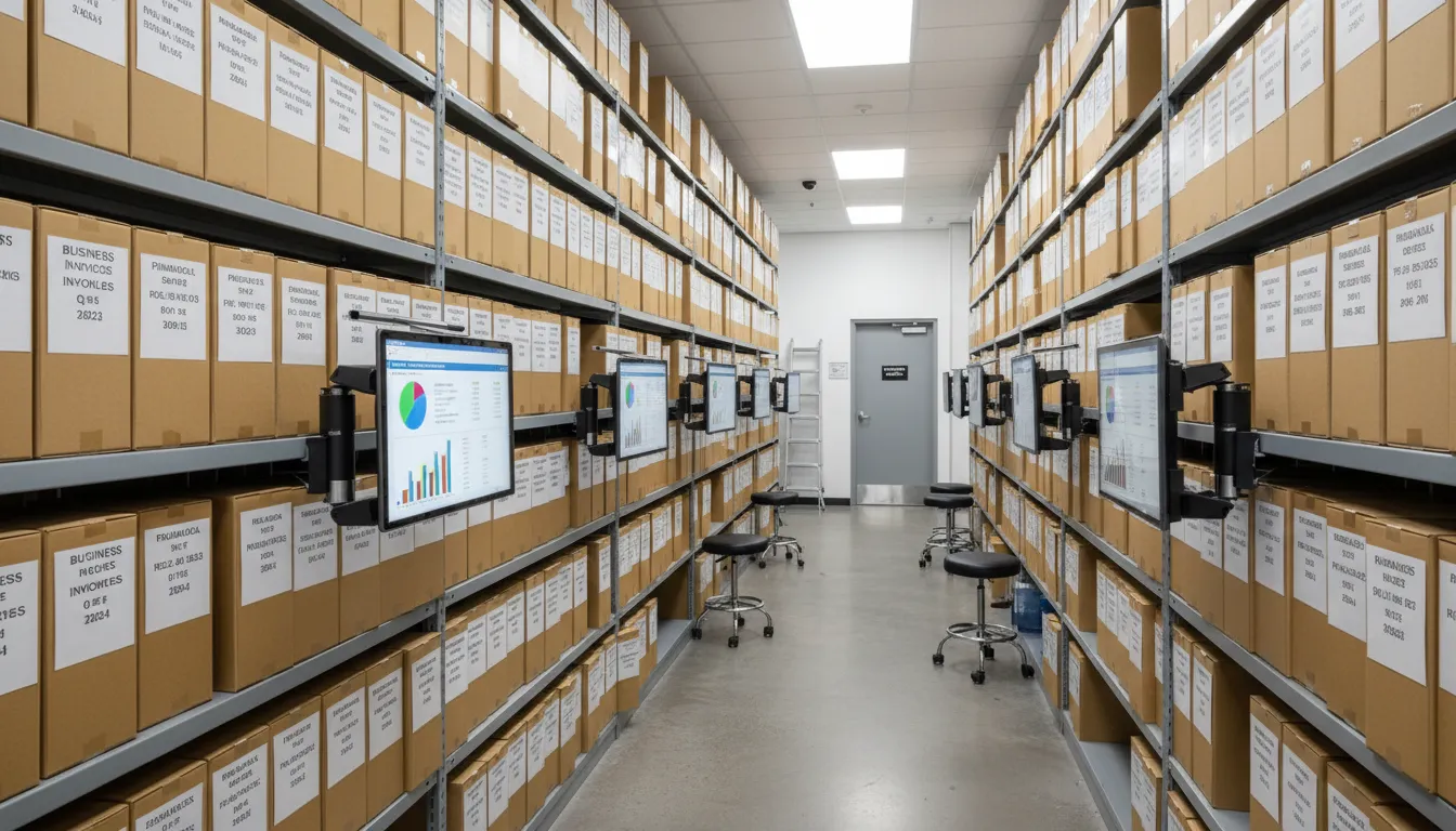 Sala de arquivo organizado ilustrando o armazenamento correto de invoices nos EUA