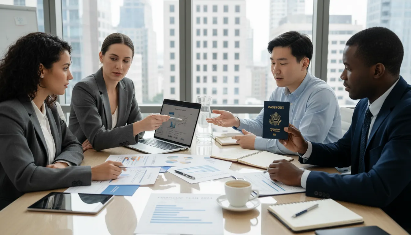 Reunião de empresários estrangeiros analisando planos financeiros e vistos americanos