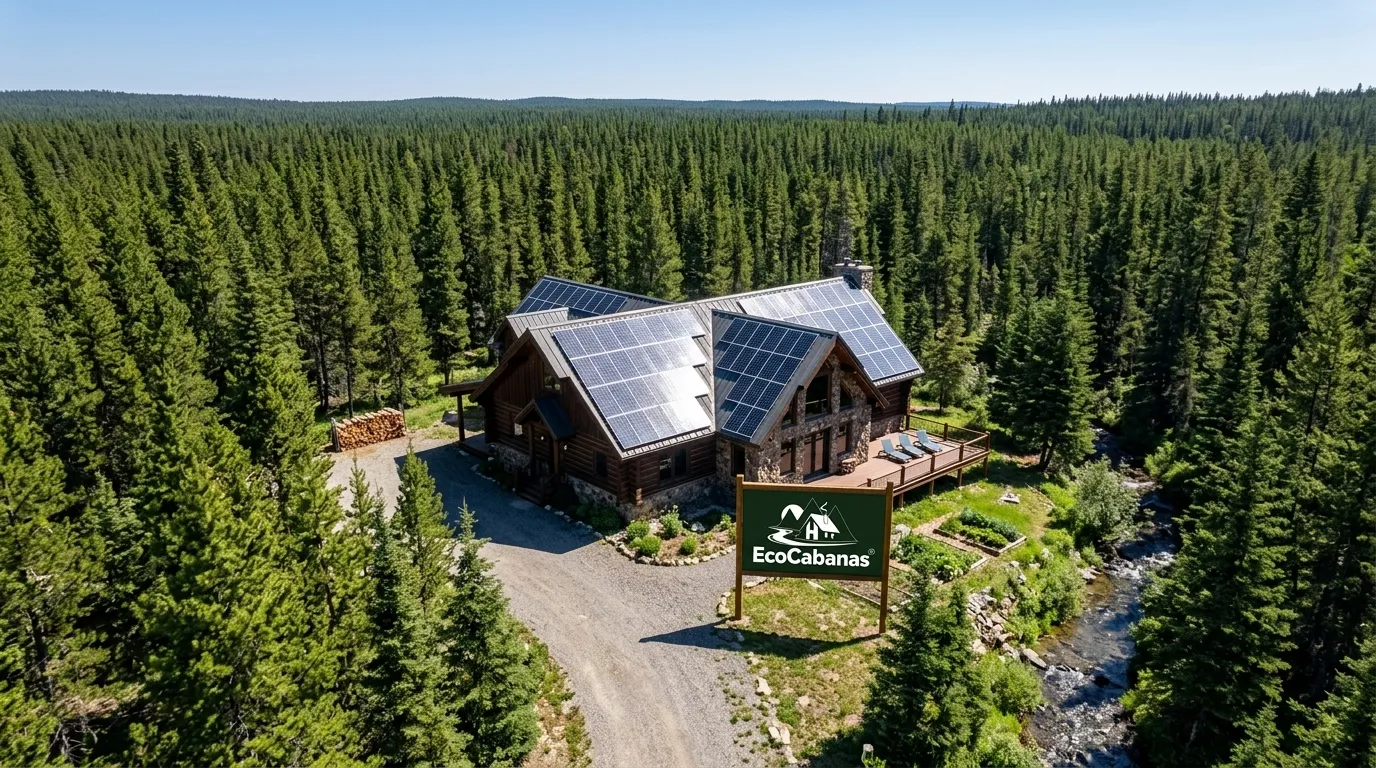 Vista aerea de cabana isolada utilizando energia solar off grid no meio da mata.