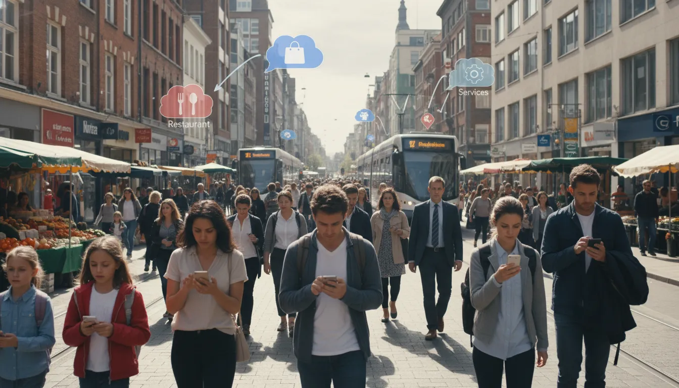 Pessoas usando smartphones na rua, encontrando negócios locais via Google Meu Negócio.