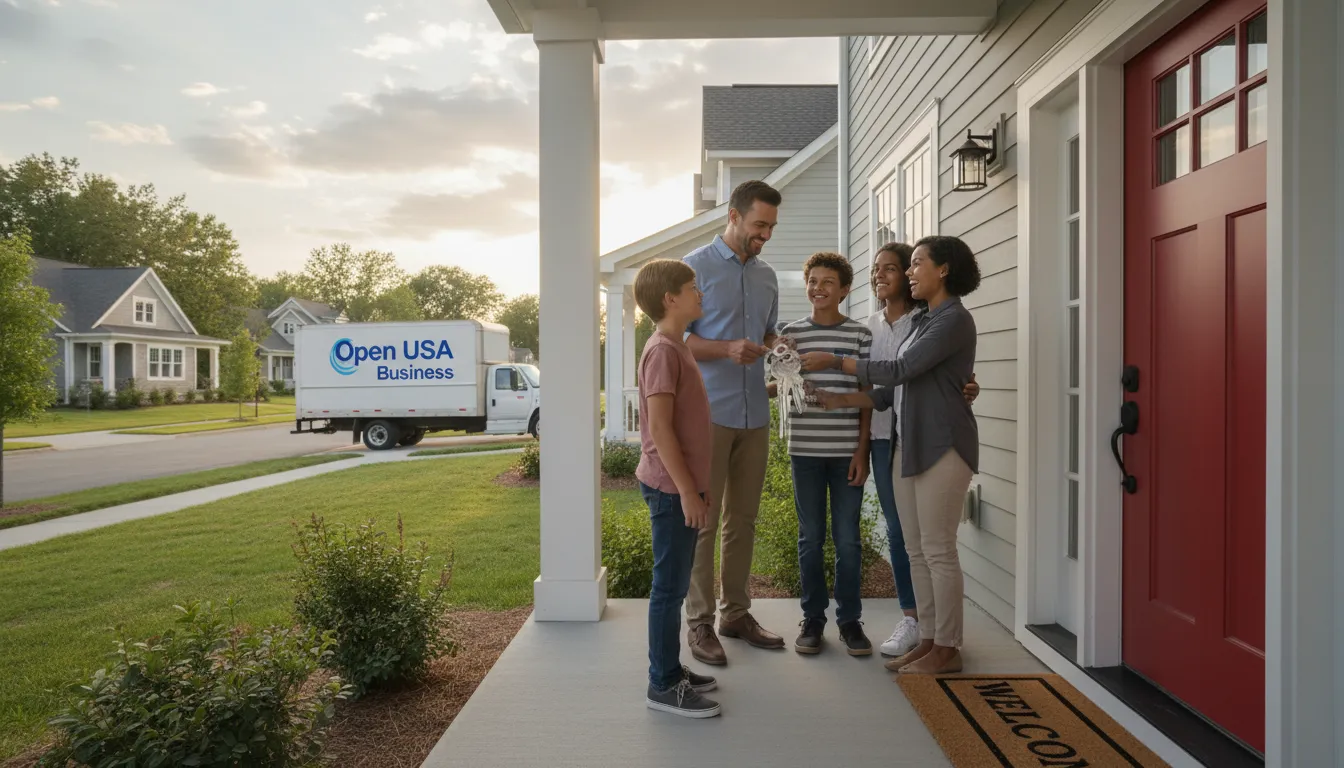 Família recebendo as chaves da nova casa nos EUA, um dos objetivos de quem busca abrir empresa para comprar imovel nos EUA, com a consultoria especializada.