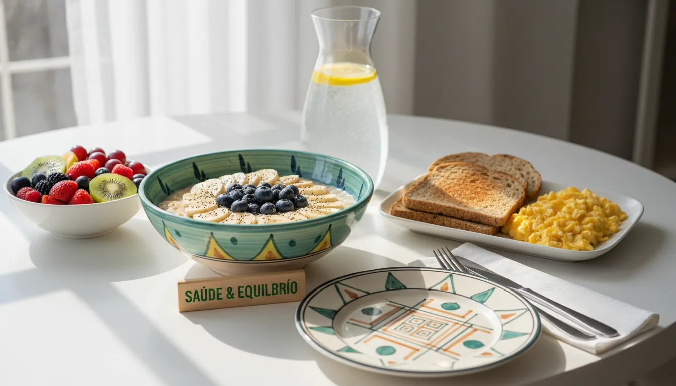 Mesa com alimentos frescos e saudáveis representando uma refeição balanceada.