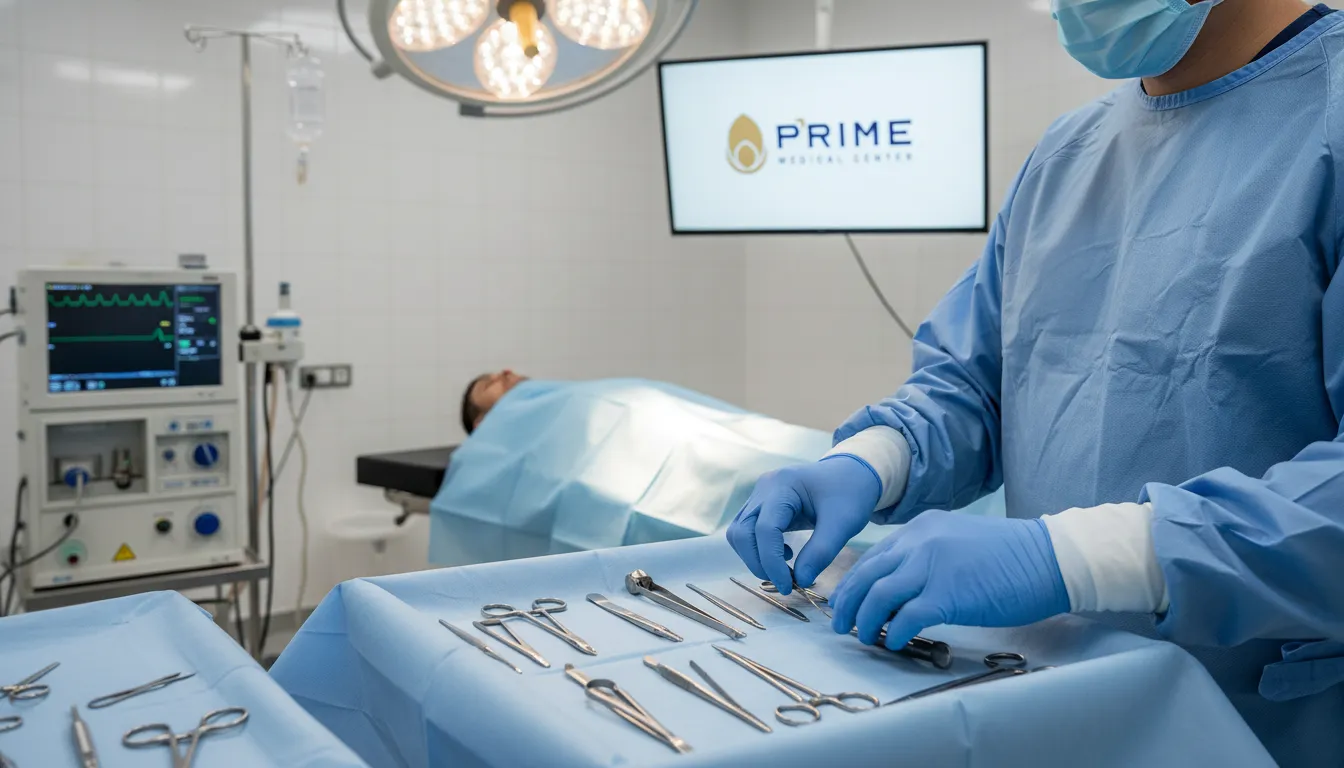 Ambiente cirúrgico moderno e estéril da Prime Medical, preparado para a circuncisão adulta.