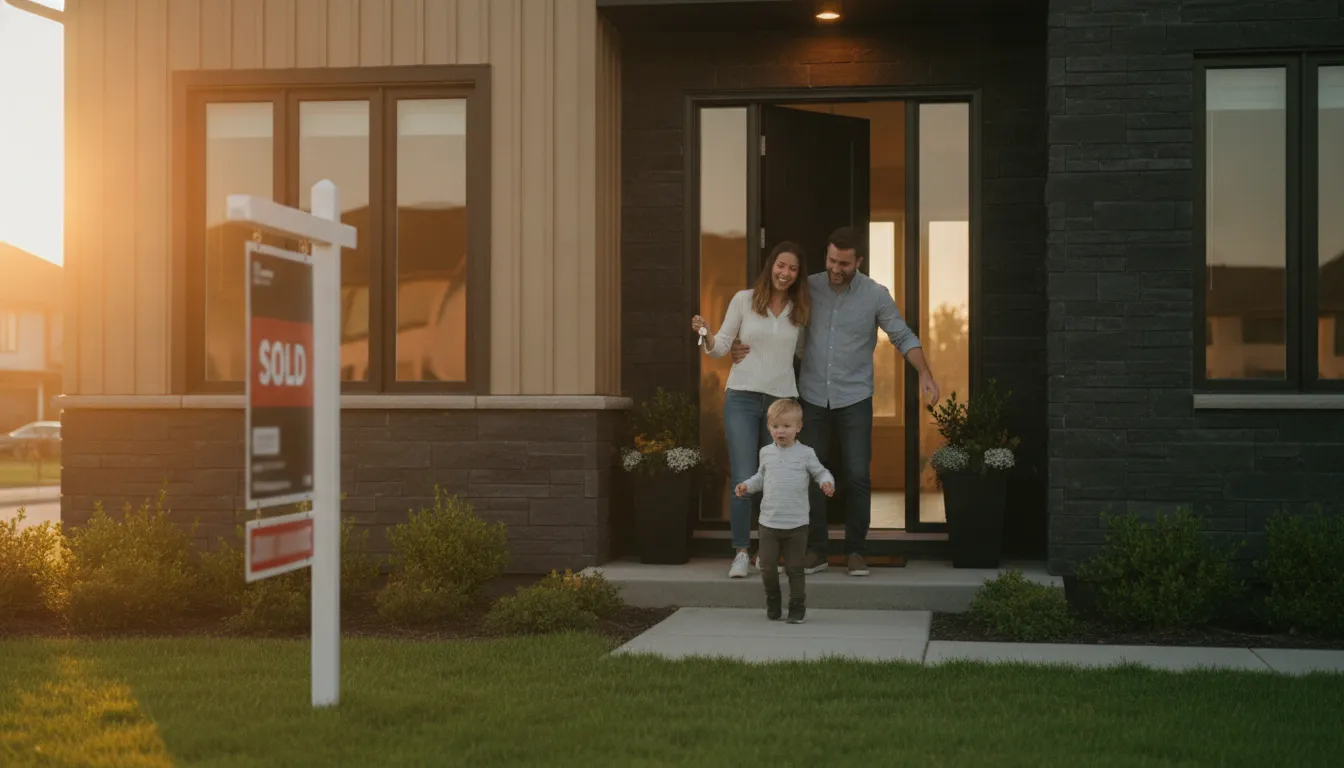 Família feliz entra em sua nova casa, celebrando a realização do financiamento imobiliário com entrada planejada.