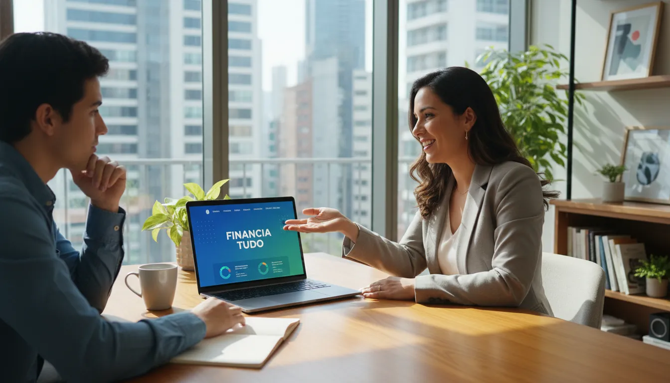 Consultor orientando cliente na plataforma Financia Tudo, em ambiente moderno, iluminado naturalmente.