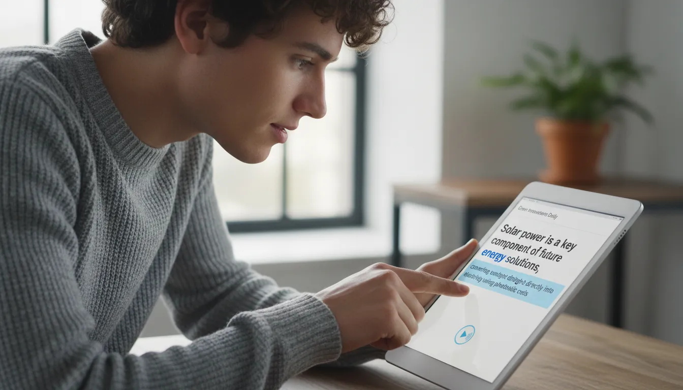 Como Adaptar Textos do Site para Experiências de Voz e Leitura em Voz Alta 1 Pessoa ativando leitura em voz alta em site usando tablet, texto destacado na tela