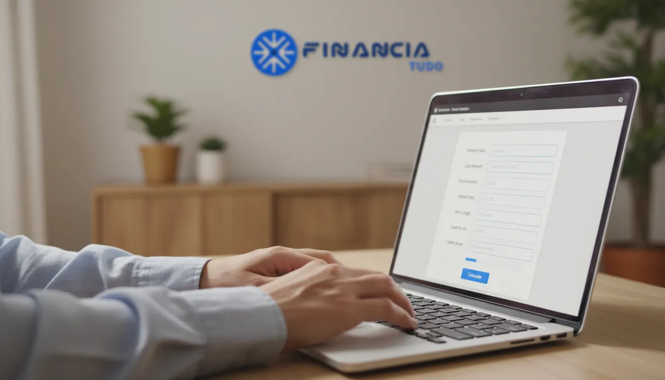 Digitando dados em um laptop para simular quanto posso liberar com home equity, acessando a plataforma da Financia Tudo.