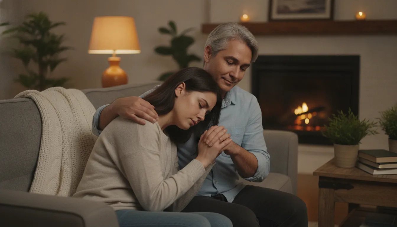 Duas pessoas se abraçando, oferecendo apoio e conforto mútuo. A cena representa o suporte no luto sem prazo.