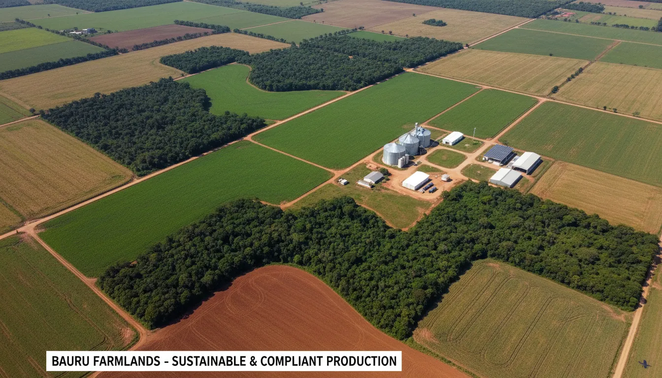 Vista aérea de fazendas na região de Bauru com áreas preservadas e instalações modernas, sugerindo produção sustentável.