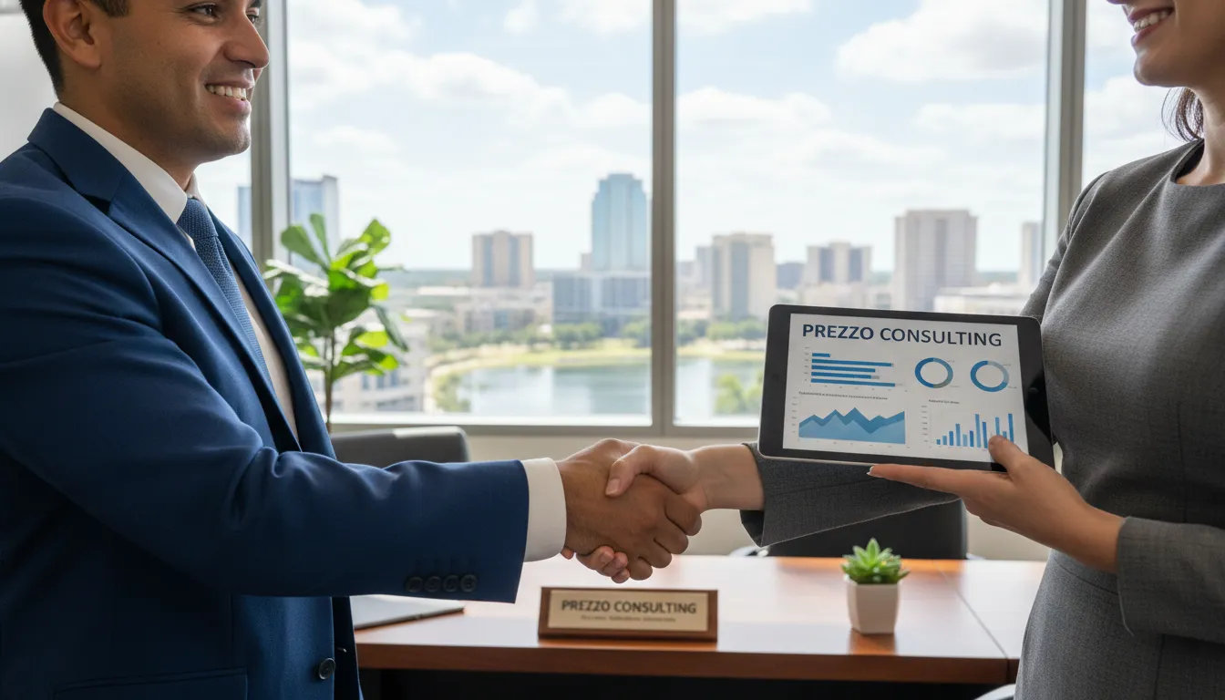 Empresário latino sorrindo e apertando a mão de um consultor da Prezzo Consulting em uma oficina de contabilidad para latinos en Orlando.