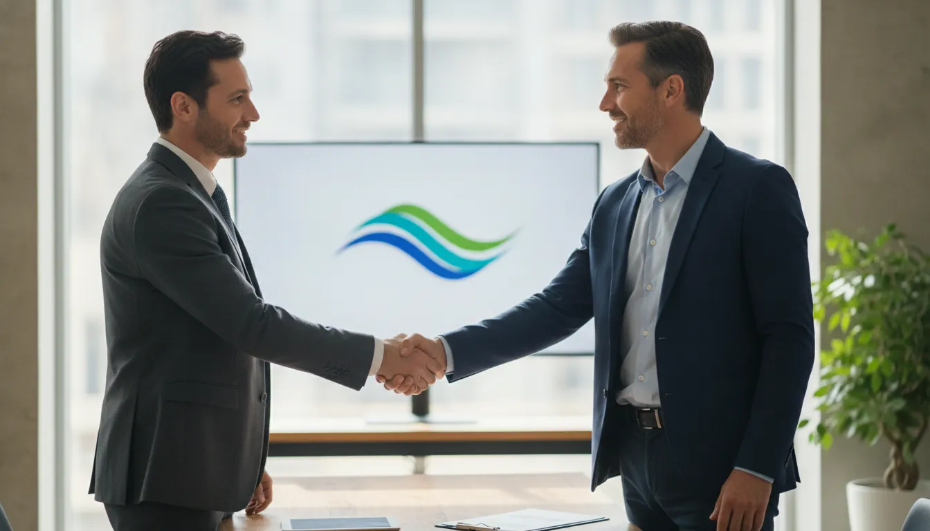 Empresário sorri ao apertar mão de consultor, demonstrando confiança ao organizar finanças para crédito.
