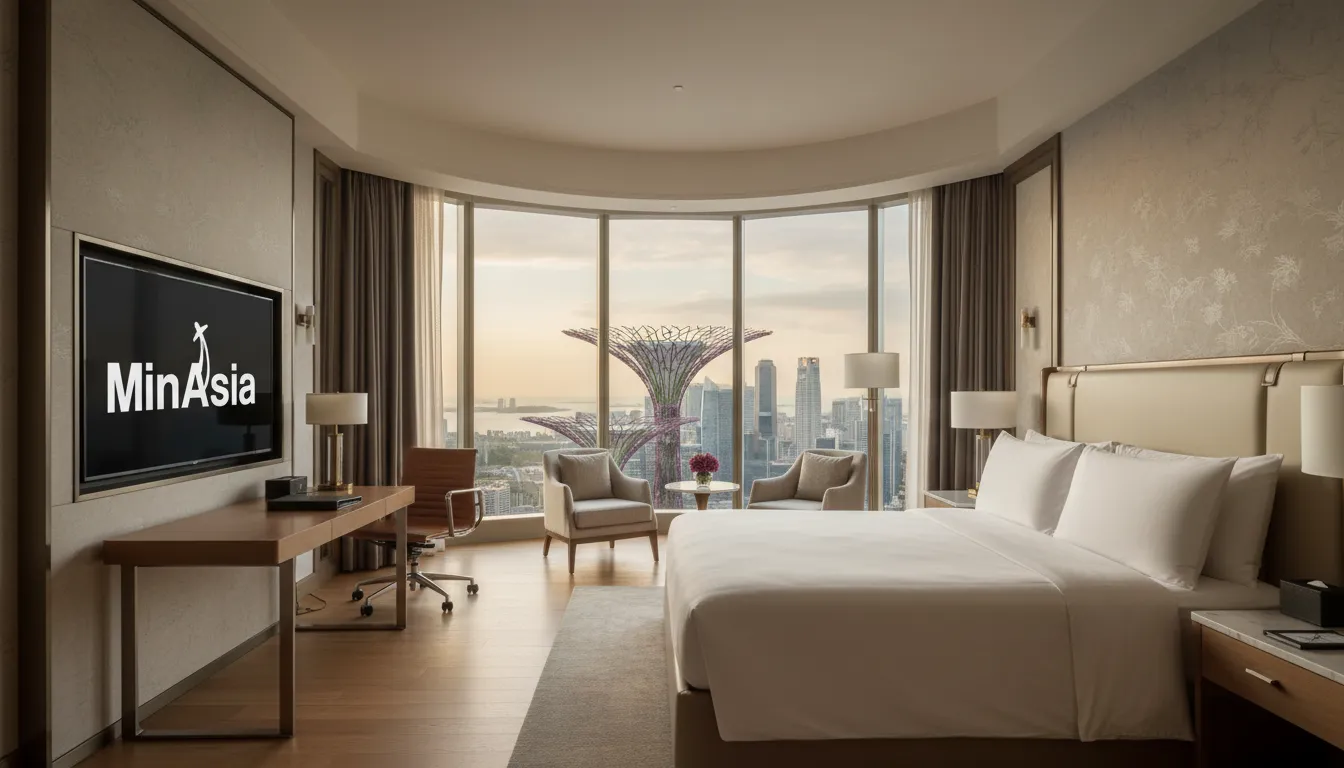 Vista interna de uma suíte luxuosa no Marina Bay Sands, com janelas panorâmicas e decoração elegante com vista da cidade.