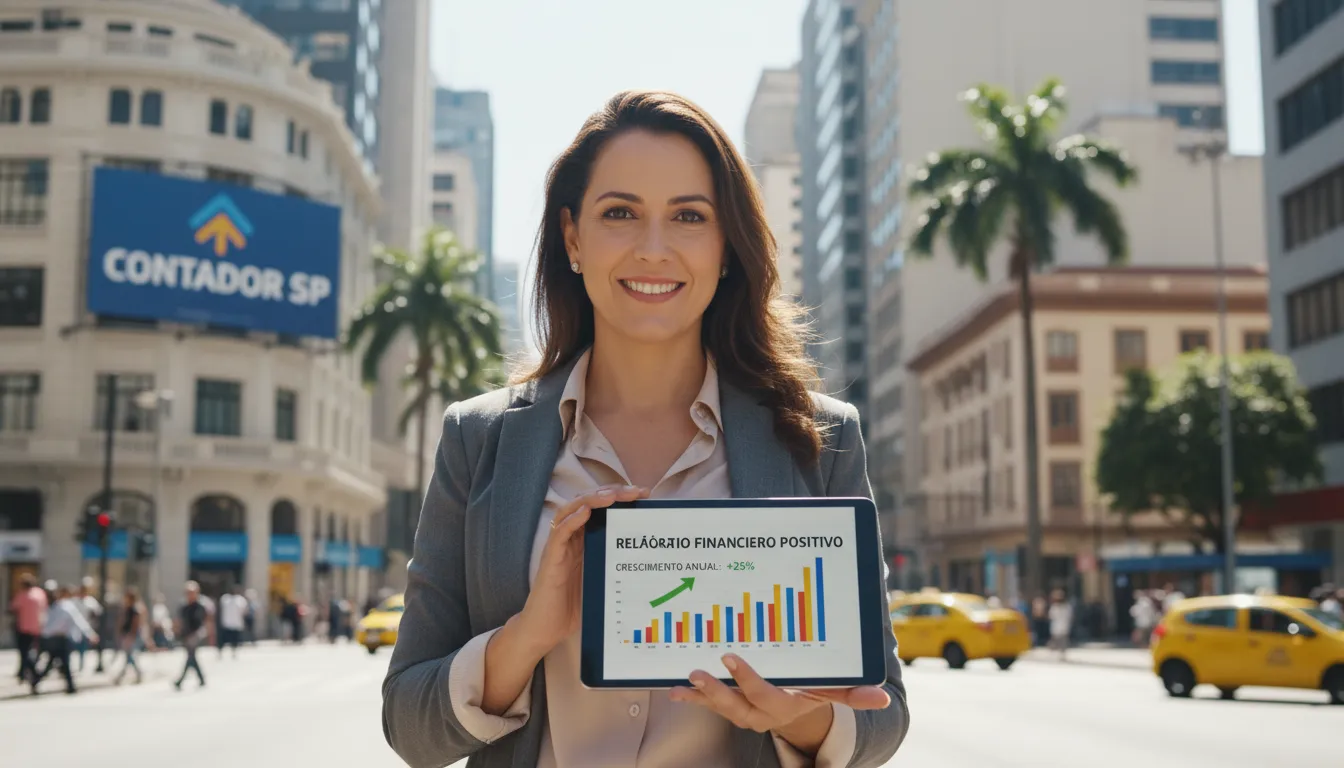 Empreendedor confiante com relatório financeiro positivo, Prezzo Contábil, o Contador em São Paulo que impulsiona o crescimento.