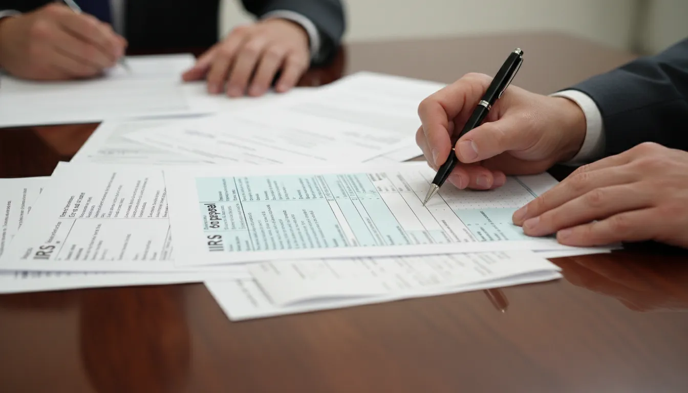 Close-up of hands reviewing complex tax documents and forms, illustrating the detailed process of how to dispute IRS penalties legally.