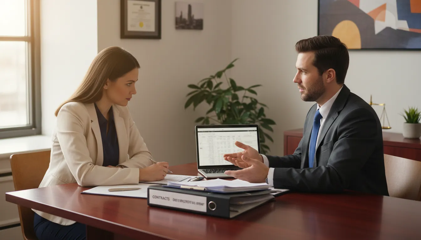 Advogado orientando empresário sobre negociação de dívidas e direitos jurídicos.