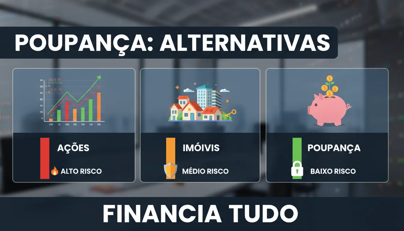 Ilustração realista de diversas opções de investimento como ações, imóveis e poupança, com níveis de risco indicados, abordando se a poupança vale a pena.