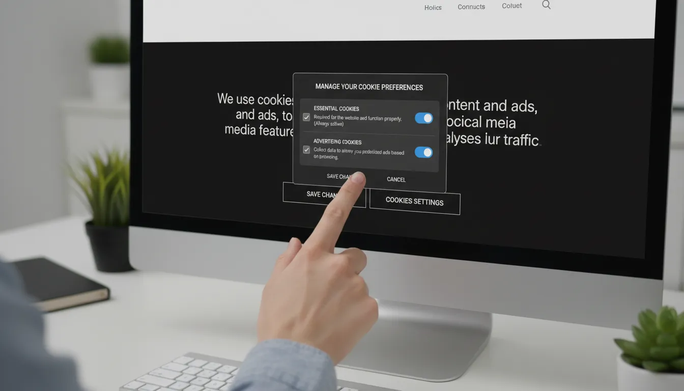 Mão clicando em botões de consentimento de cookies detalhados em um banner moderno de site