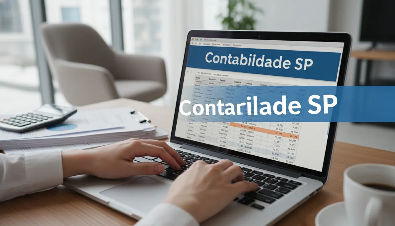 Close-up de mãos trabalhando em um laptop com documentos financeiros e uma calculadora. Imagem ilustrativa para um Escritório de Contabilidade na Zona Sul de SP.