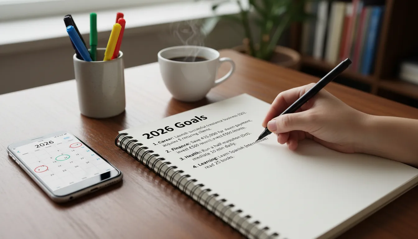 Caderno com metas para 2026 detalhadas, marcadores coloridos e celular, representando planejamento pessoal.