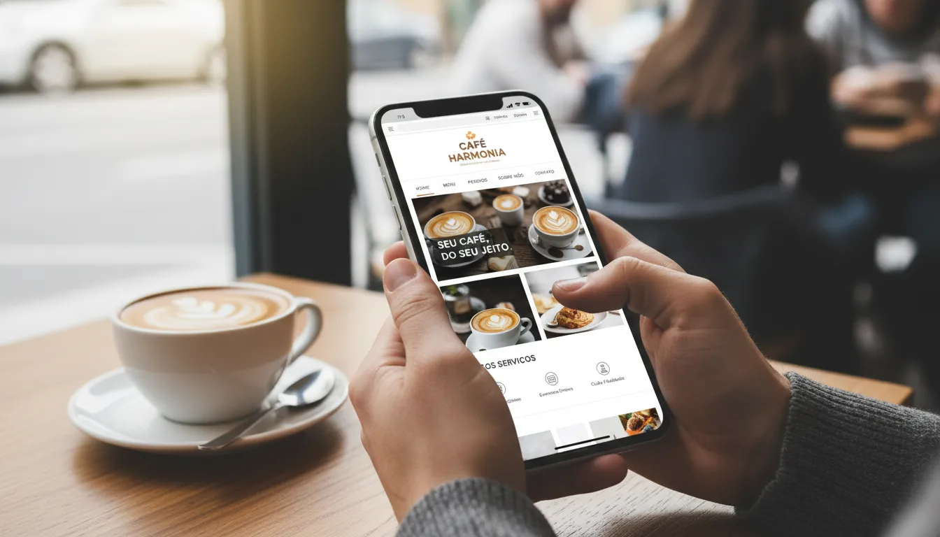 Site para Pequena Empresa: Como Não Gastar Anuidade Cara 3 Mãos segurando smartphone com site personalizado aberto, ilustrando acessibilidade digital e custo-benefício.