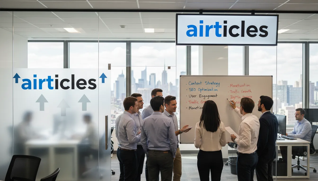 Collaborative office scene showcasing key palavras chaves para redação conclusão on a whiteboard, promoting Airticles content marketing solutions.