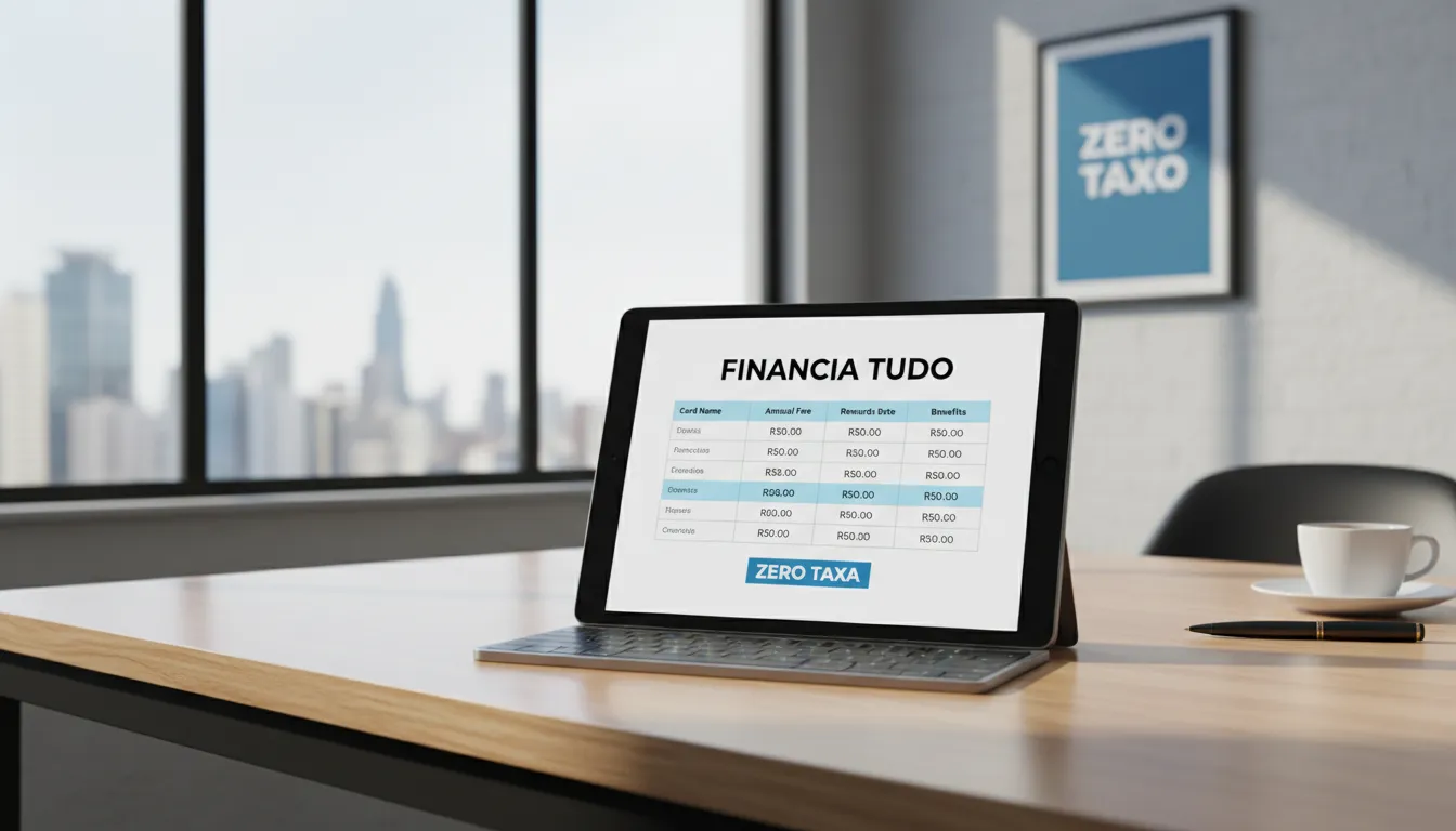 Um tablet mostrando uma tabela comparativa de cartão de crédito sem anuidade, com a coluna de taxa anual destacada em zero, indicando ausência de tarifas.