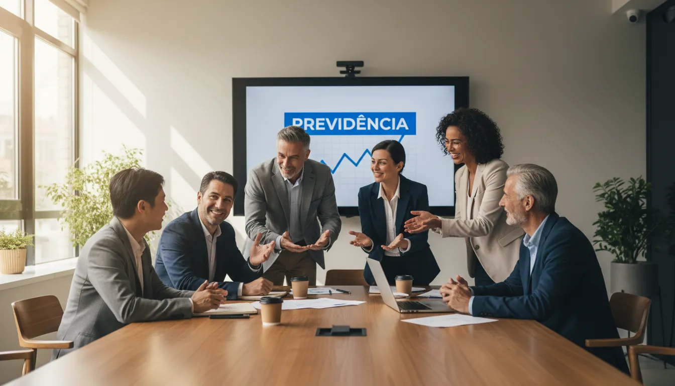 Grupo diverso discutindo planos de aposentadoria, simbolizando os benefícios da revisão da vida toda.