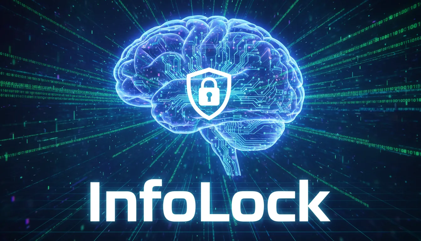 Cérebro digital com circuitos e código, simbolizando a influência da IA e o logo InfoLock. AI Is Transforming a segurança da informação, demandando soluções inovadoras.