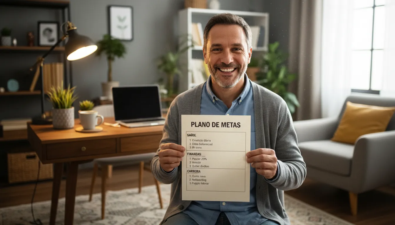 Homem organiza metas para 2026 em etapas num ambiente de trabalho confortável em casa.