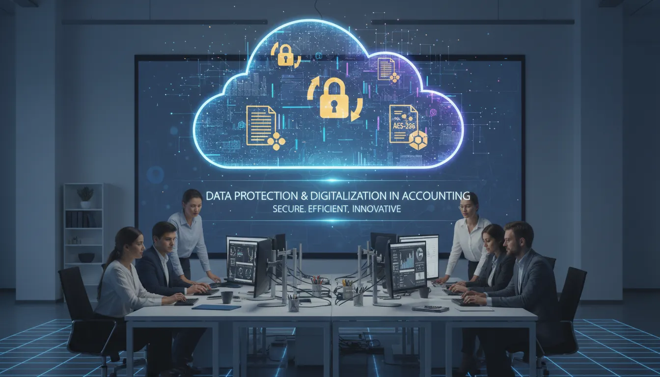 Workspace colaborativo com ícones de nuvem e arquivos protegidos, simbolizando segurança na contabilidade digital.