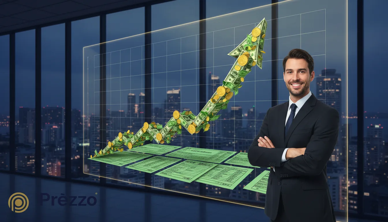 Gráfico ascendente com dinheiro e empresário ao fundo, ilustrando os benefícios do planejamento tributário.