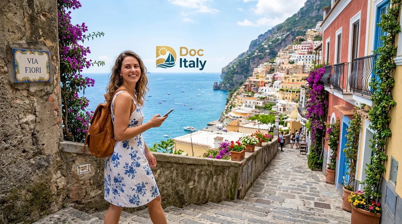 Mulher comemora aprovacao do visto nomade digital italia caminhando pela costa italiana.
