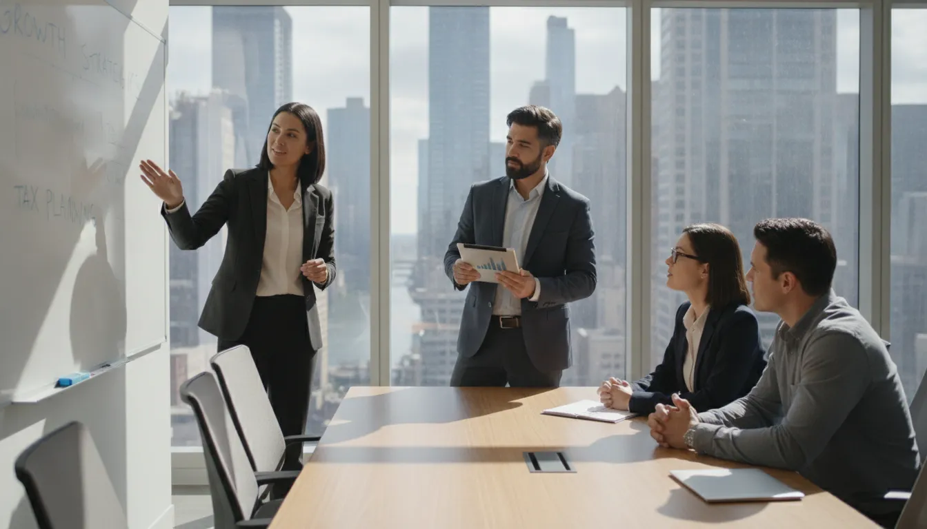 Equipe discute estratégias para deduzir despesas empresa EUA e planejar crescimento. Foco em decisões.