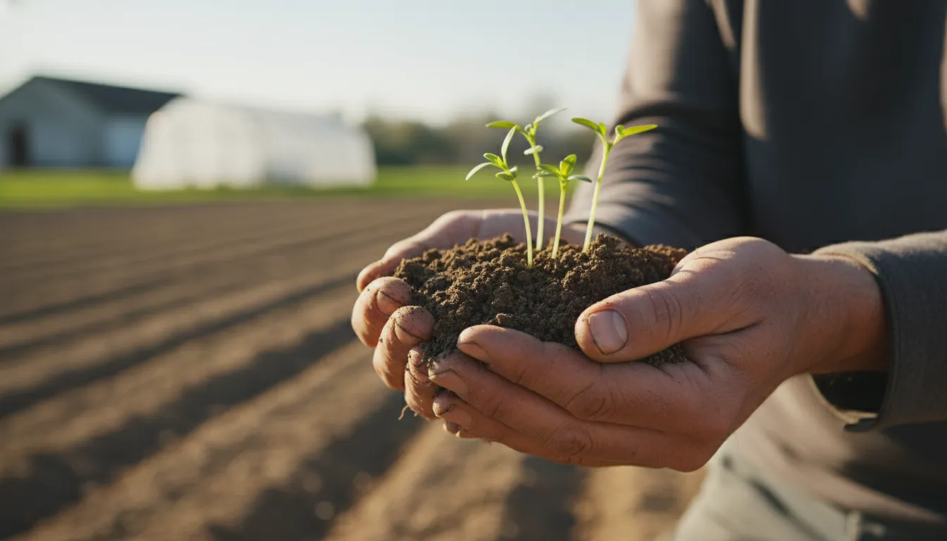 Mãos de agricultor segurando terra fértil com brotos verdes, representando o desafio produção nova safra e resiliência.