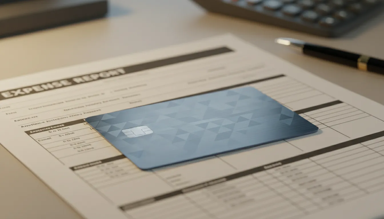 Um close-up de um cartão de crédito corporativo sobre um relatório de despesas detalhado, representando o controle e a gestão eficiente de gastos empresariais.