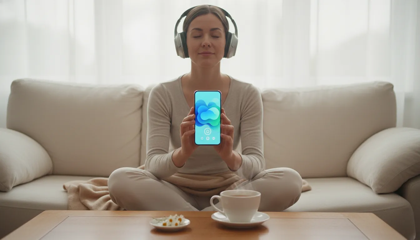 Pessoa usando aplicativo de meditação guiada no celular, buscando relaxamento e bem-estar em casa.