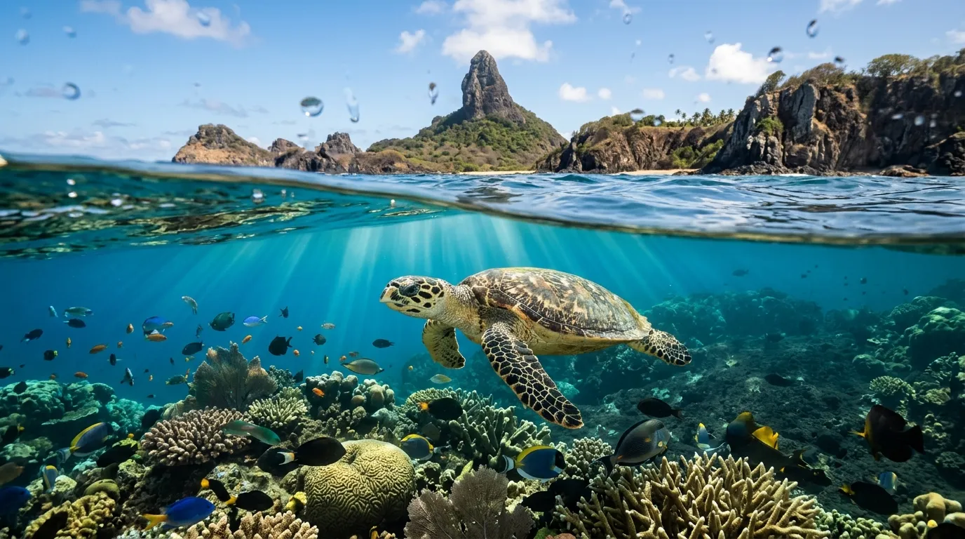 Tartaruga marinha nadando no mar cristalino na melhor época para viajar para Fernando de Noronha.