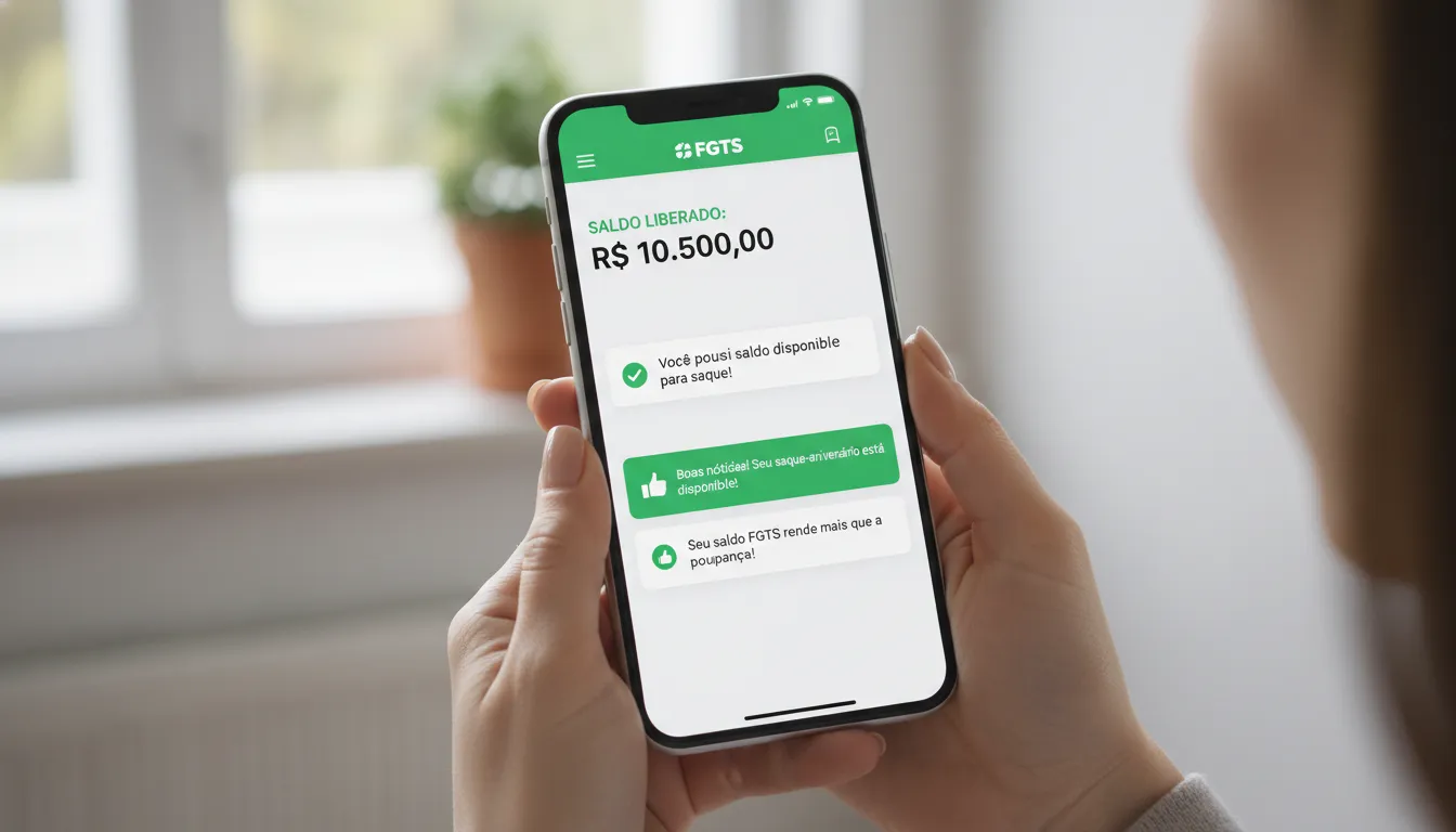 Aplicativo do FGTS mostrando saldo disponível após regularização no celular