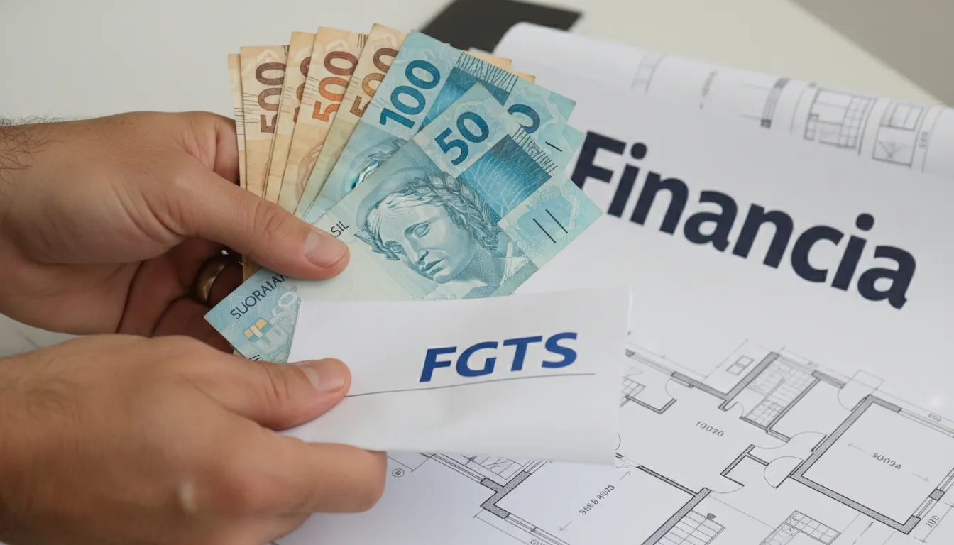 Detalhe das mãos segurando notas de real e documentos do FGTS, com a planta de uma casa ao fundo, representando o planejamento financeiro para fgts financiamento.