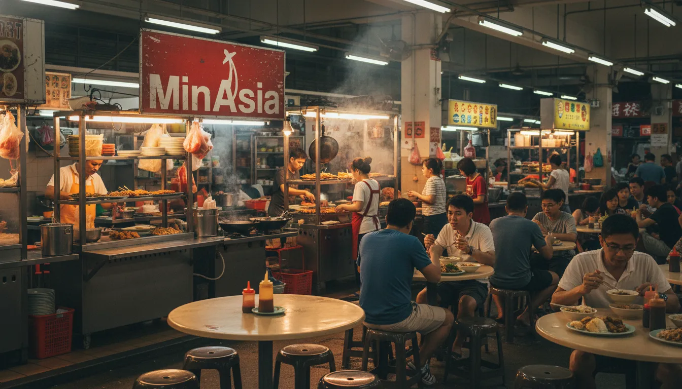 Cena vibrante de um hawker center em Singapura, com pessoas saboreando a autêntica culinária local e aromas.