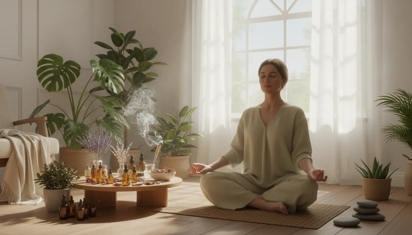 Pessoa praticando meditação junto a plantas e essências florais em ambiente acolhedor.