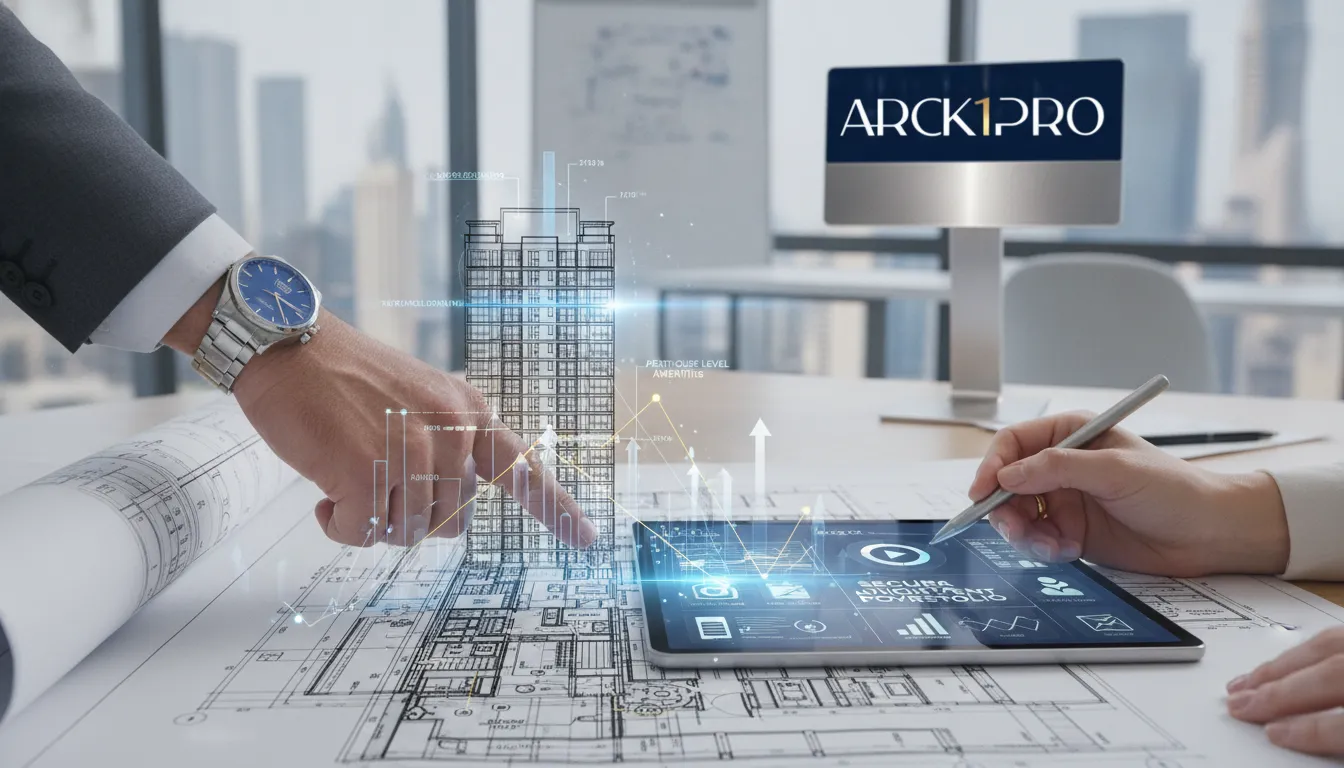 Mãos analisando projeto arquitetônico e dados financeiros para planejamento sucessório imobiliário.