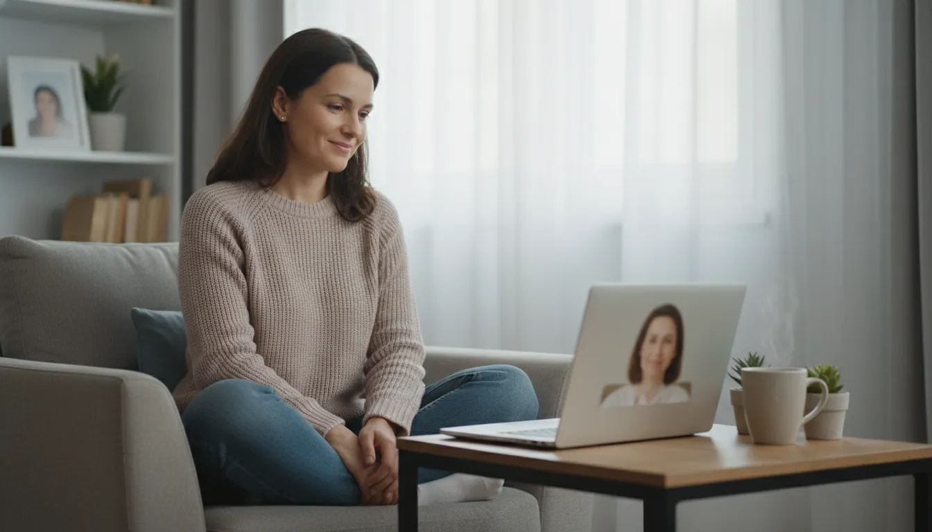 Pessoa em terapia online, conversando com especialista, superando dependência emocional e medo de perder.