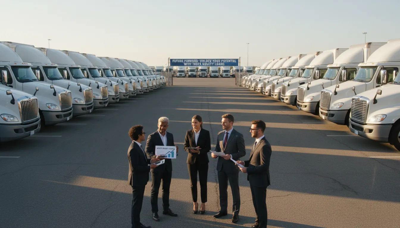 Frota de caminhões modernos com profissionais negociando à frente, mostrando expansão via crédito garantido.