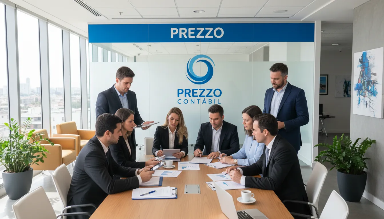Uma equipe de consultores financeiros colaborando em um escritório moderno. Imagem para destacar um Escritório de Contabilidade na Zona Sul de SP.