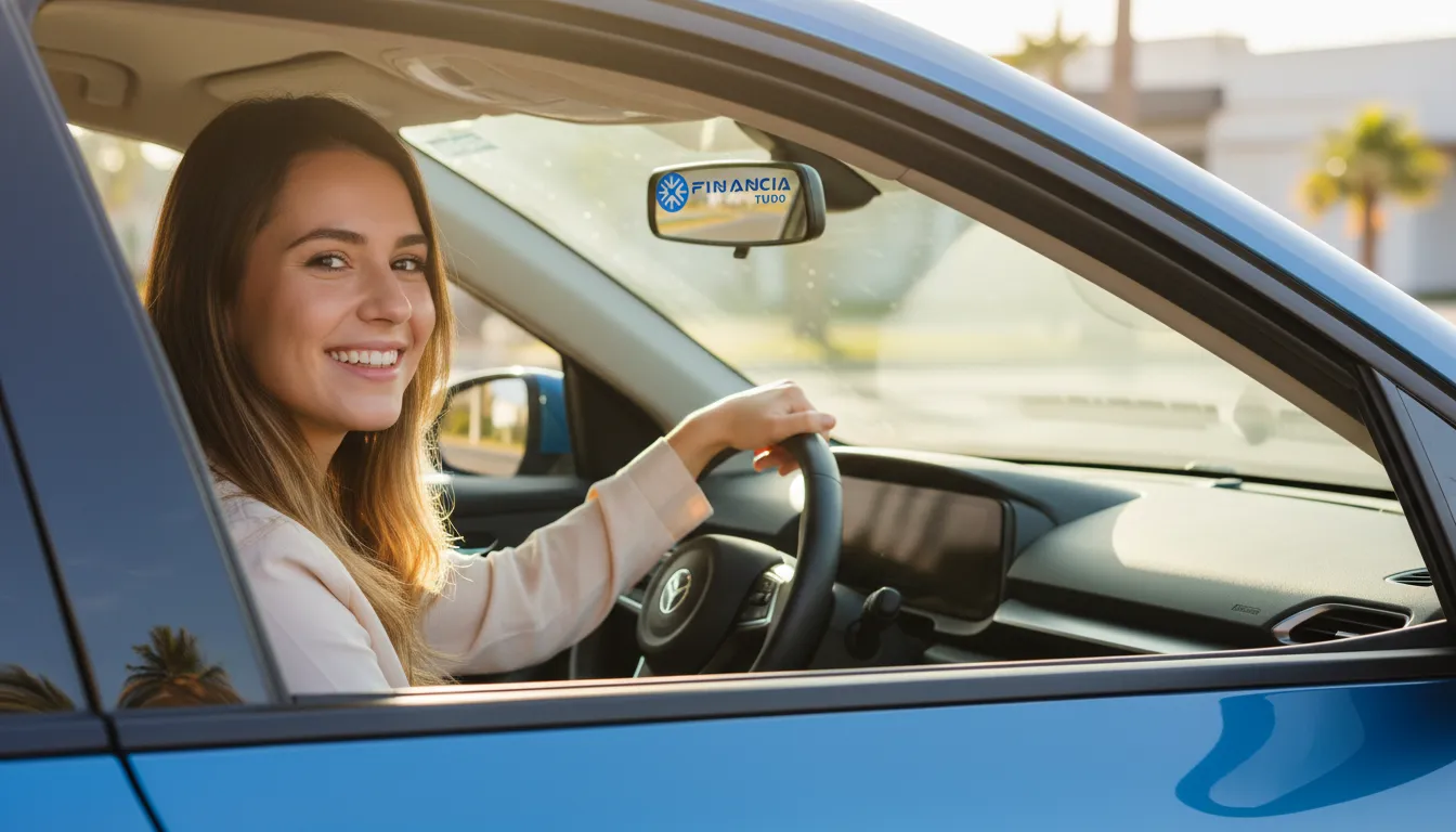 Mulher feliz dirigindo carro novo após decidir entre financiar veículo ou pagar à vista com o apoio da Financia Tudo.
